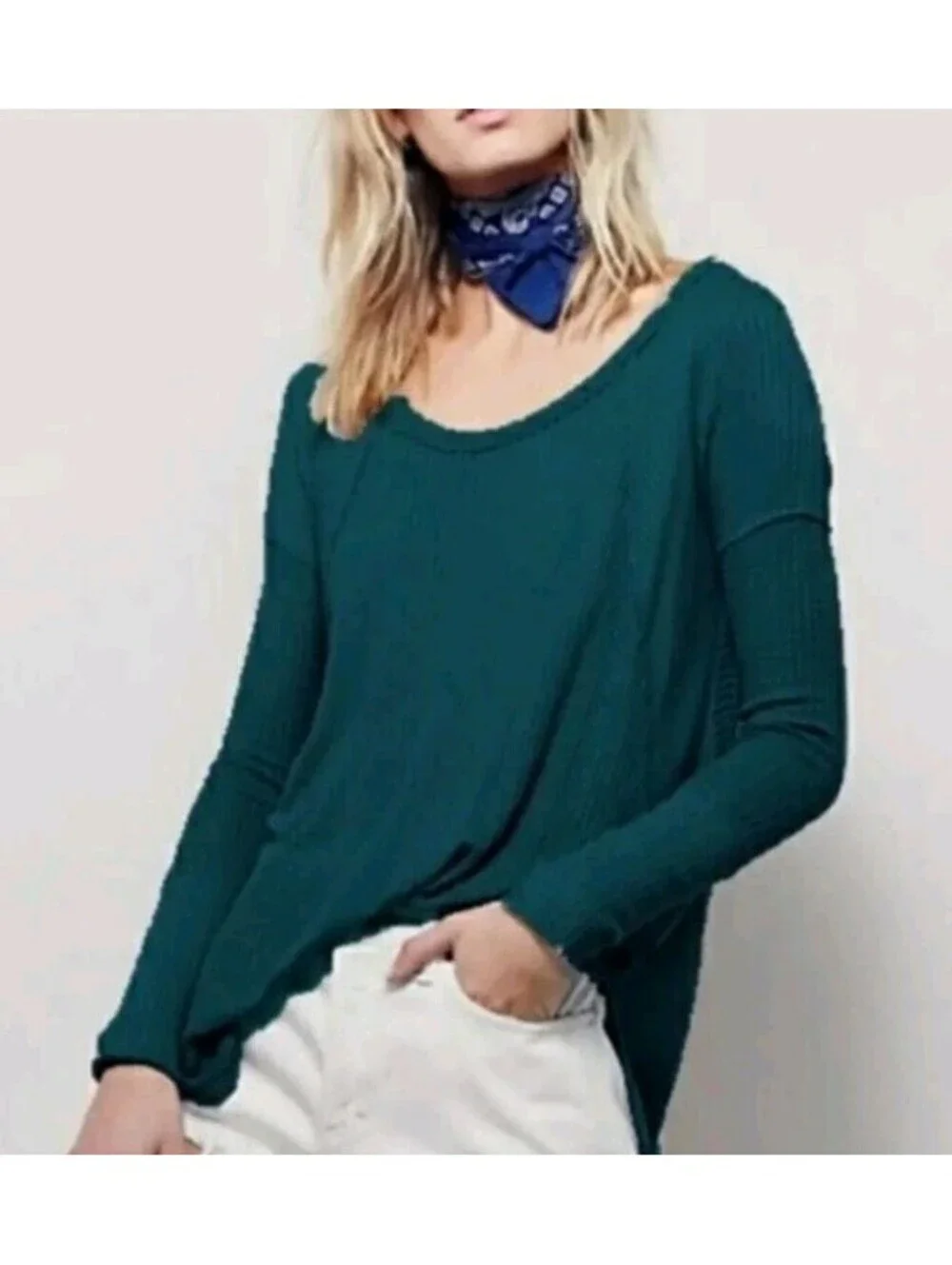 Free People Ventura Top Sz S Thermal Waffle Long Sleeve High Low Tunic Green #CC